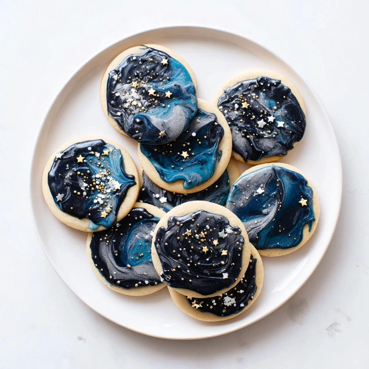 Baked Starry Night sugar cookies dipped in celestial blue and white icing and finished with edible stars