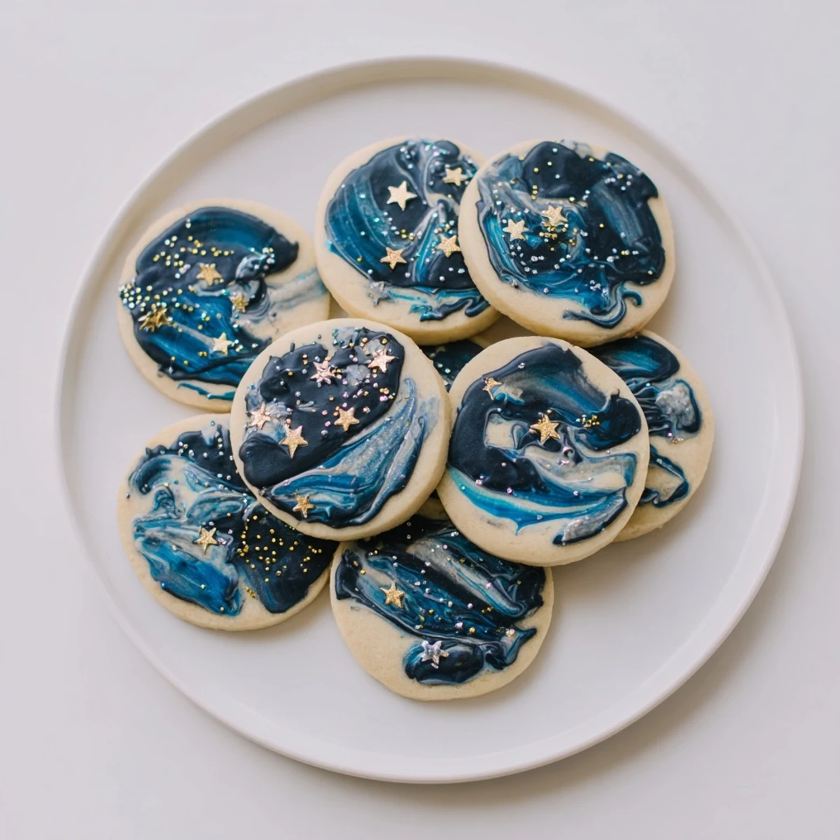 Homemade Starry Night sugar cookies with marbled black and blue glaze topped with shimmering star sprinkles