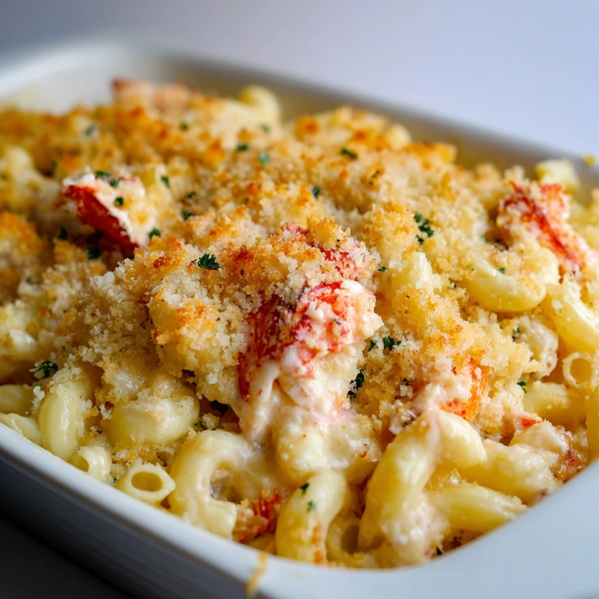 Golden baked garlic butter lobster mac and cheese with crispy breadcrumb topping garnished with fresh parsley