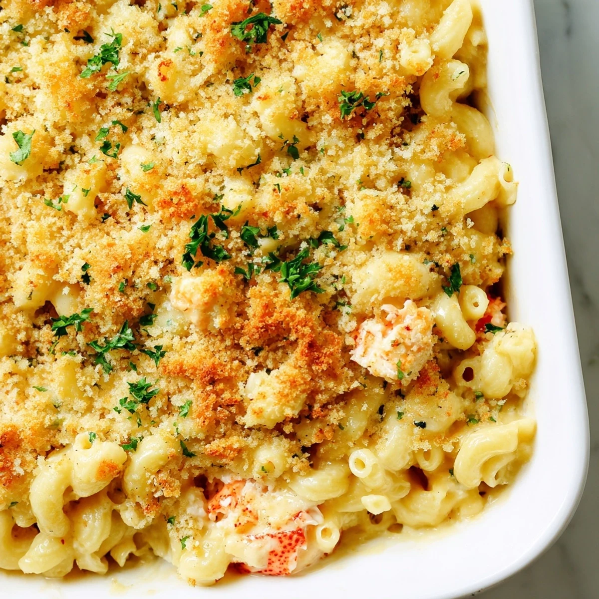 Spoonful of rich garlic butter lobster mac and cheese showing melted Gruyère and succulent lobster pieces