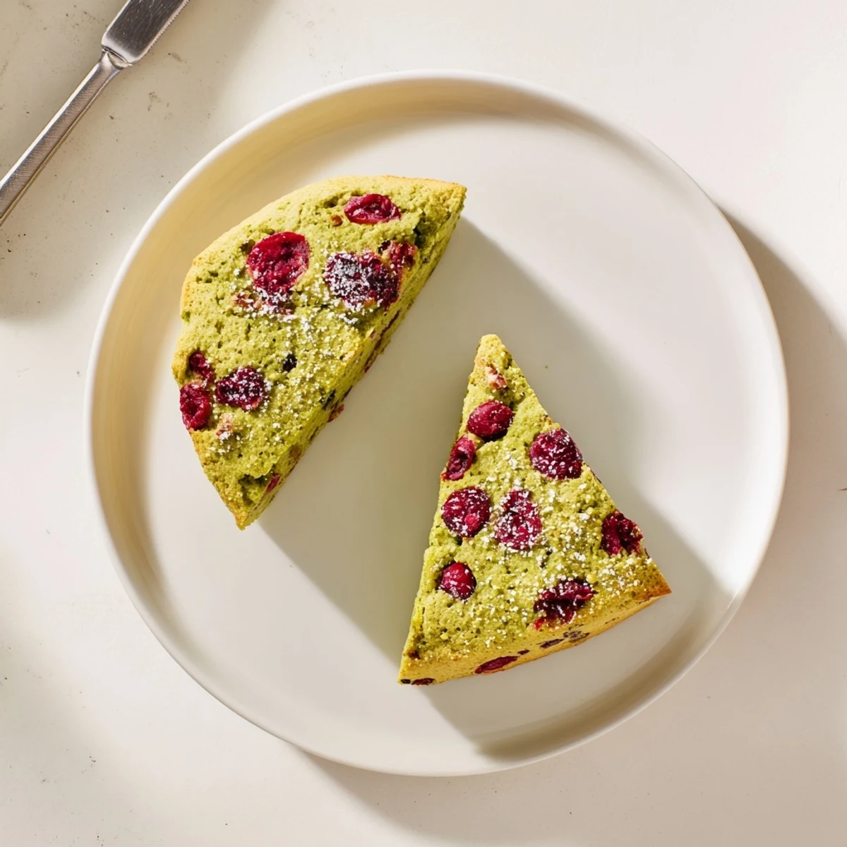 Green tea flecked scone with tart cranberries, dusted with coarse sugar