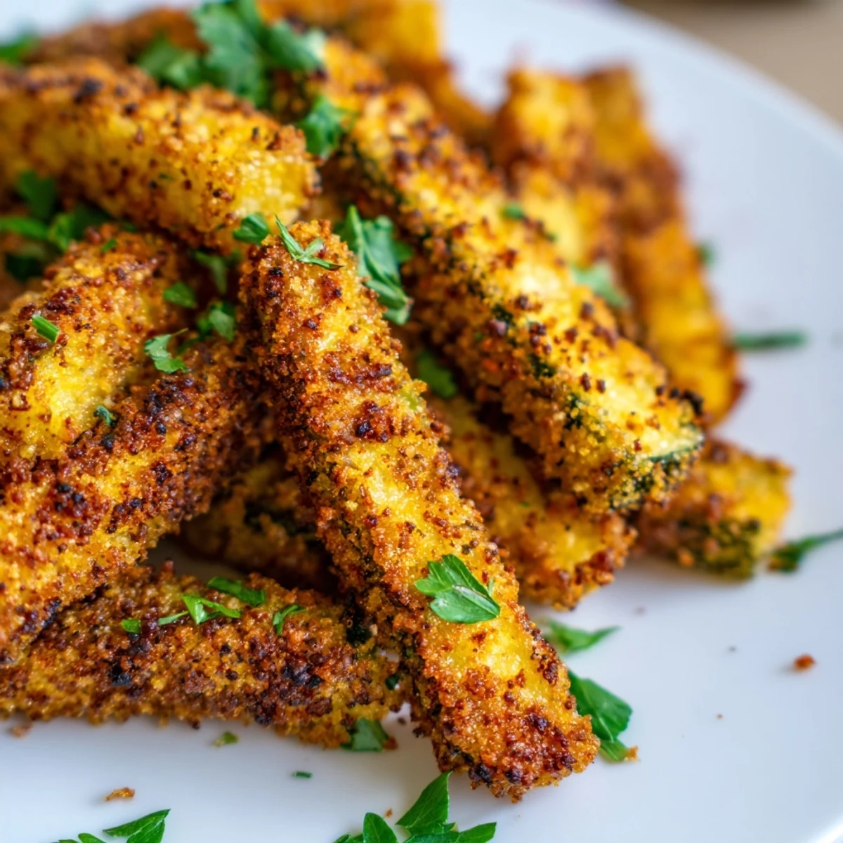 Golden brown crispy baked keto zucchini fries arranged on a white serving plate with fresh parsley garnish