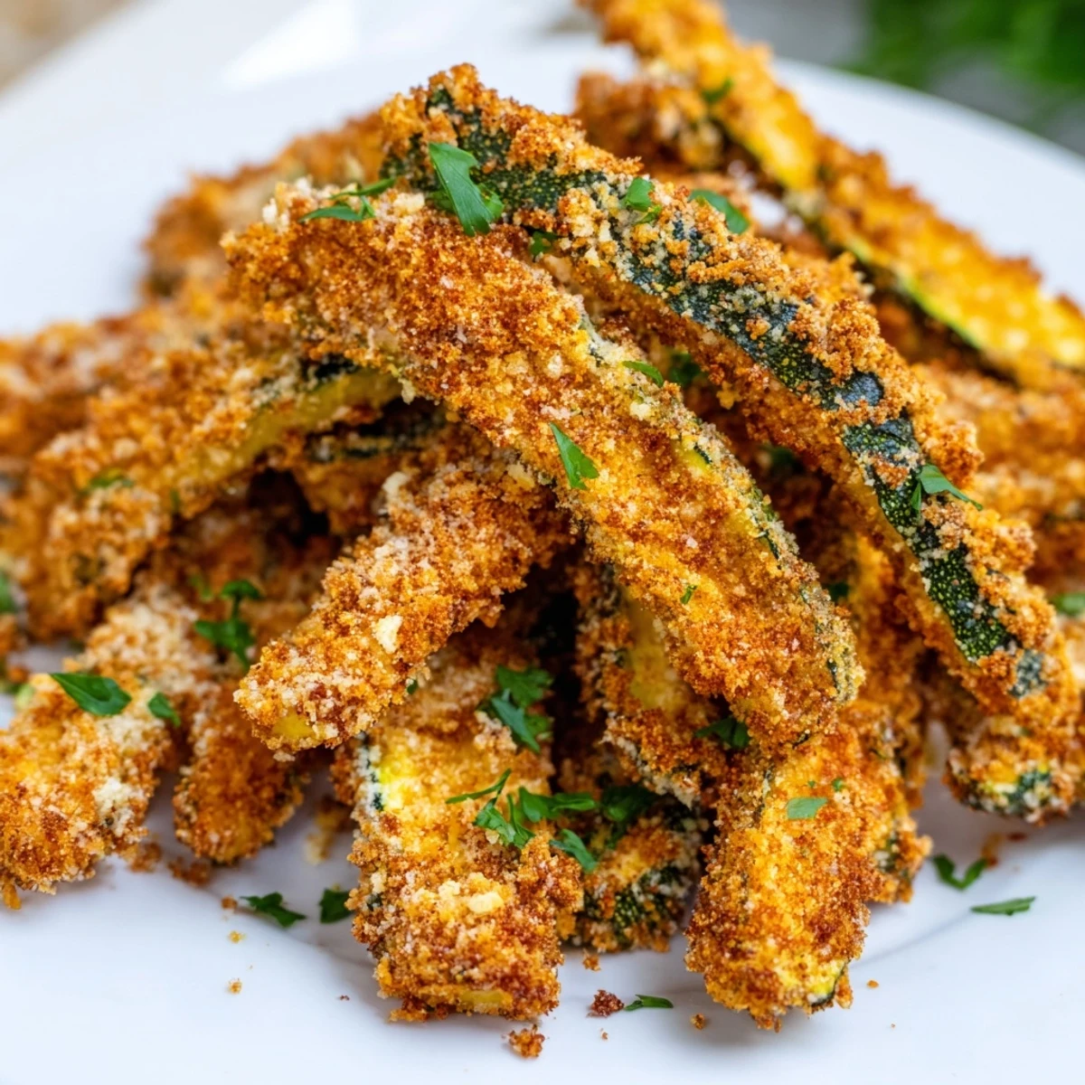 Close-up of low-carb zucchini fries with crunchy almond flour coating served with garlic aioli dipping sauce