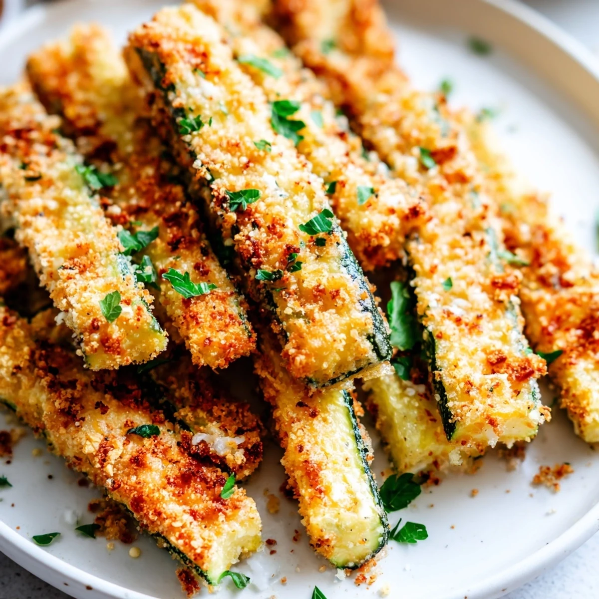 Baked zucchini fries displaying golden crispy parmesan crust on a rustic wooden board scattered with parsley sprigs
