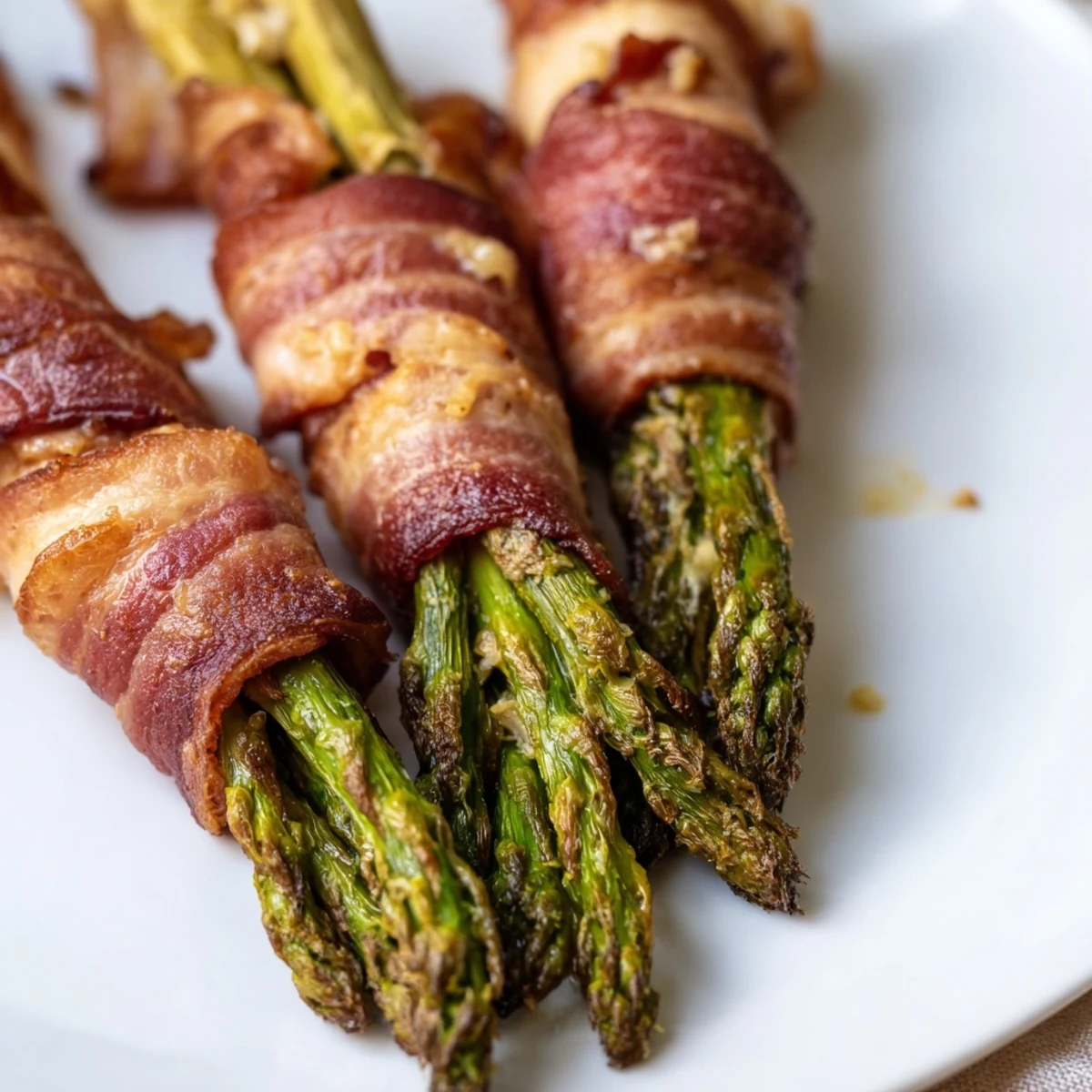 Crispy garlic bacon wrapped asparagus bundles roasted to golden perfection on a baking sheet