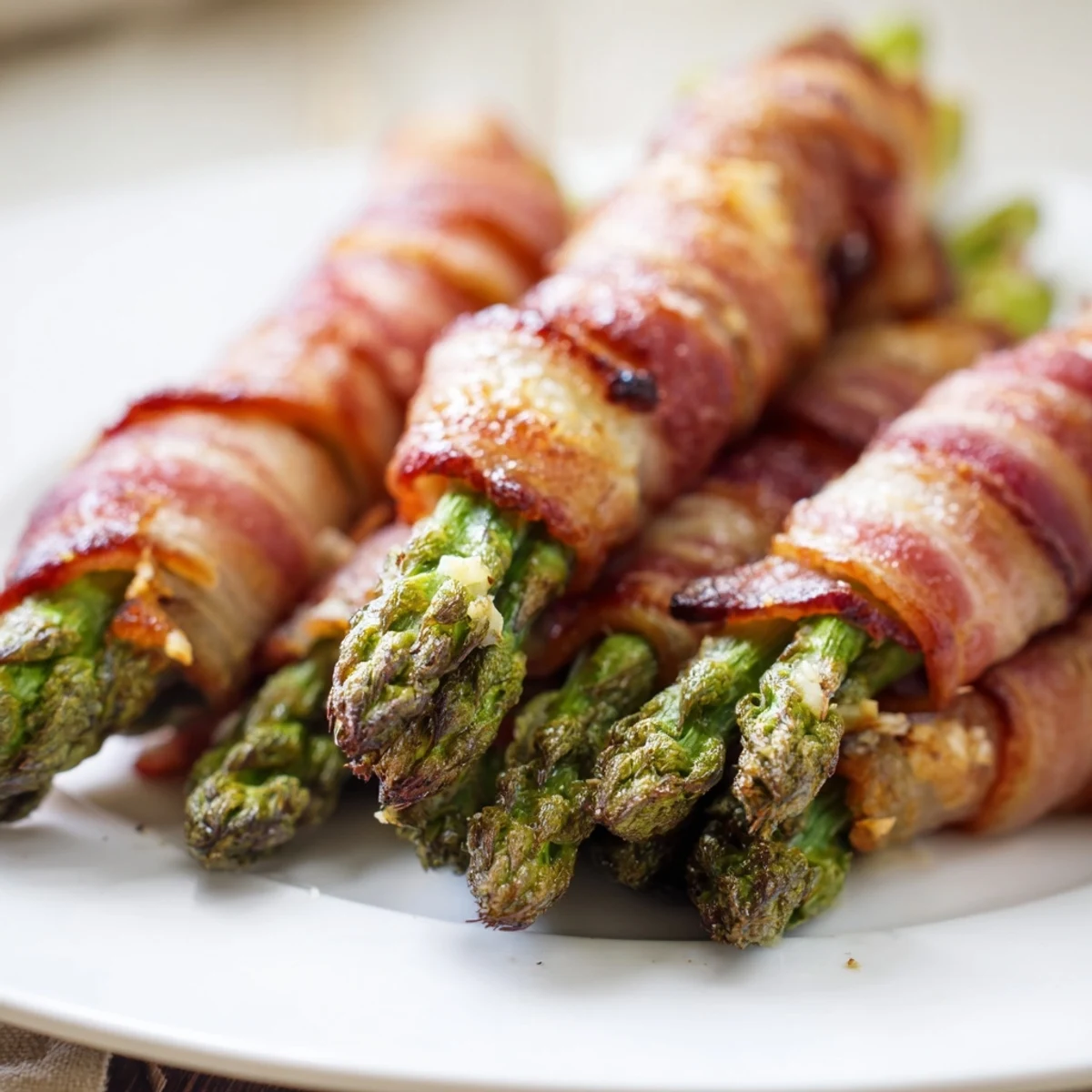 Golden brown bacon wrapped asparagus with aromatic garlic seasoning served on a white platter