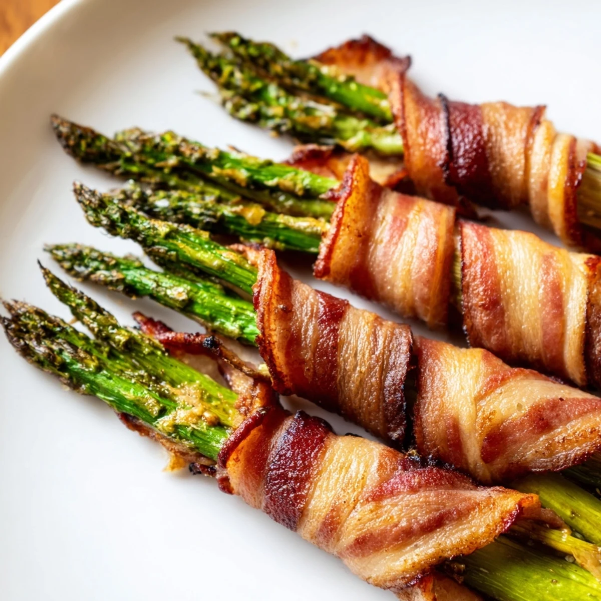 Tender asparagus spears spiraled in savory bacon with minced garlic for a delicious appetizer