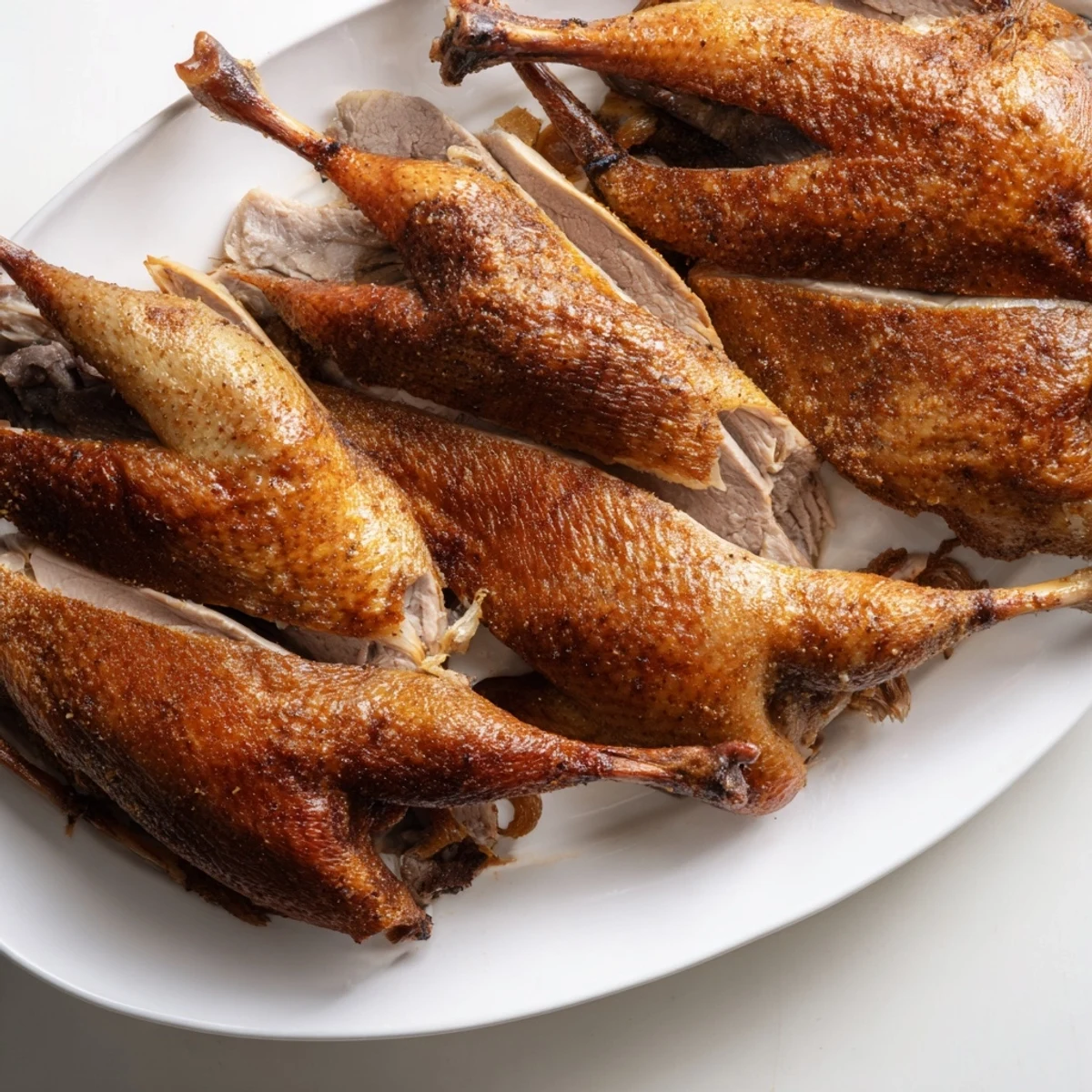 Golden roasted whole duck with crispy glazed skin served on a white platter