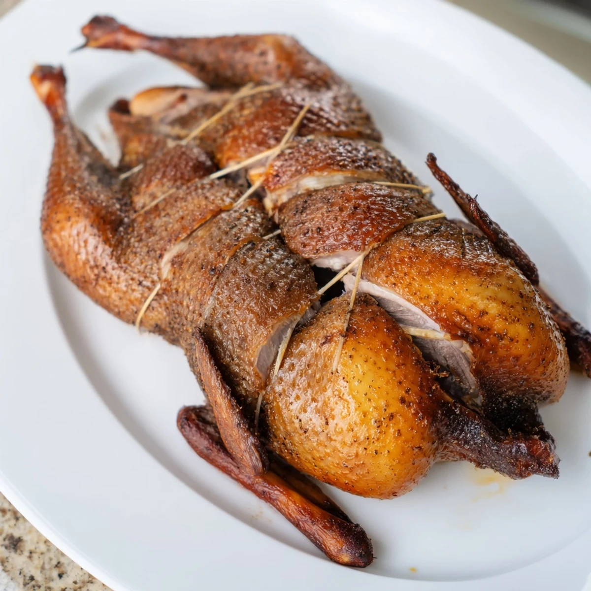  succulent Chinese five spice roasted duck with caramelized skin carved into juicy slices