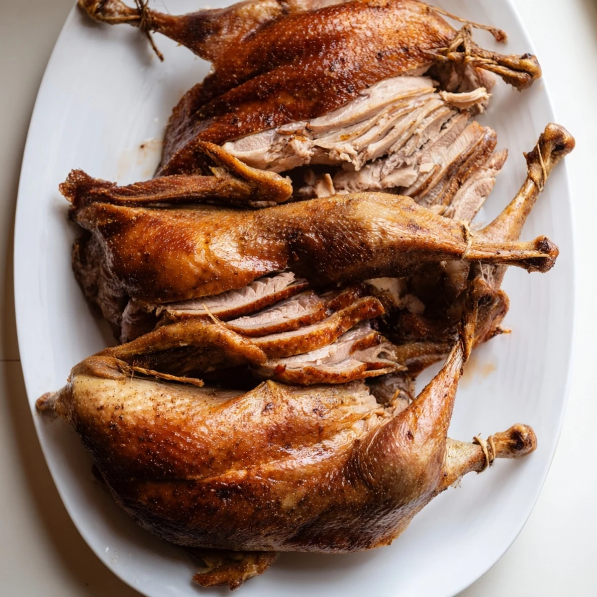 Whole five spice roasted duck garnished with fresh green onions and orange slices