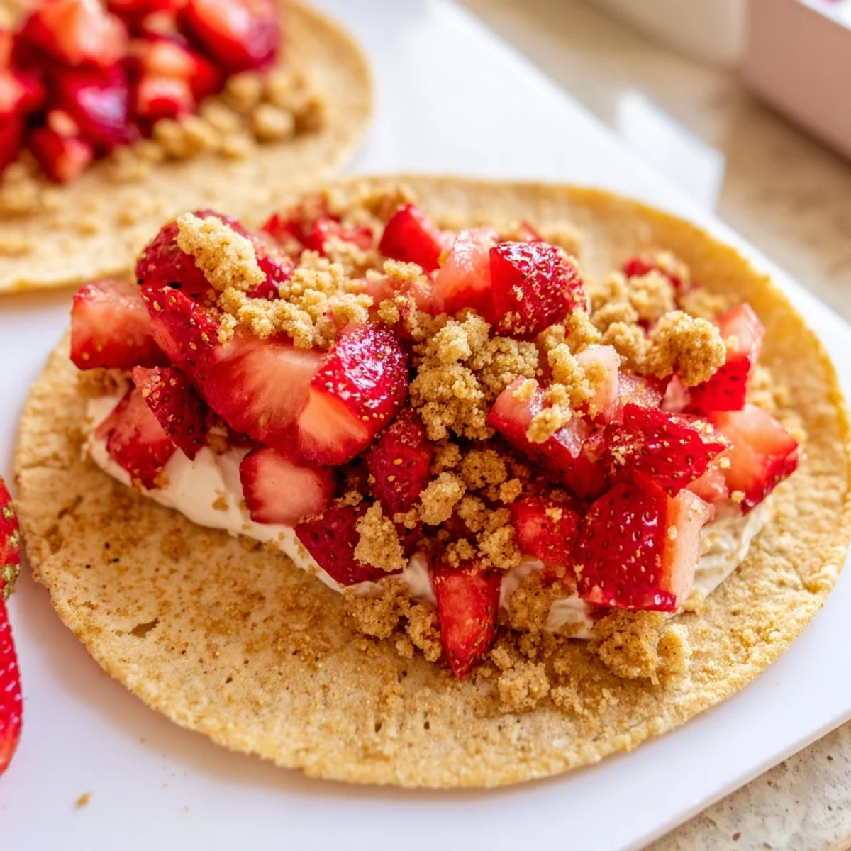 Golden crispy cinnamon sugar taco shell piled high with creamy vanilla cheesecake filling and topped with fresh diced strawberries and buttery vanilla cookie crumble