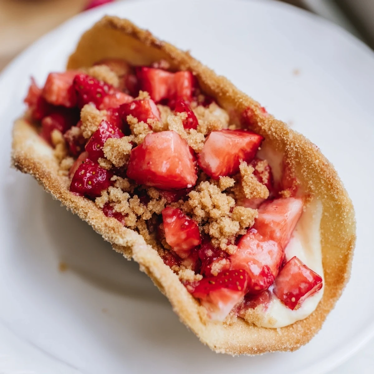 Playful dessert taco featuring a cinnamon-dusted tortilla filled with fluffy cheesecake, topped with macerated fresh strawberries and a crunchy freeze-dried strawberry cookie mix