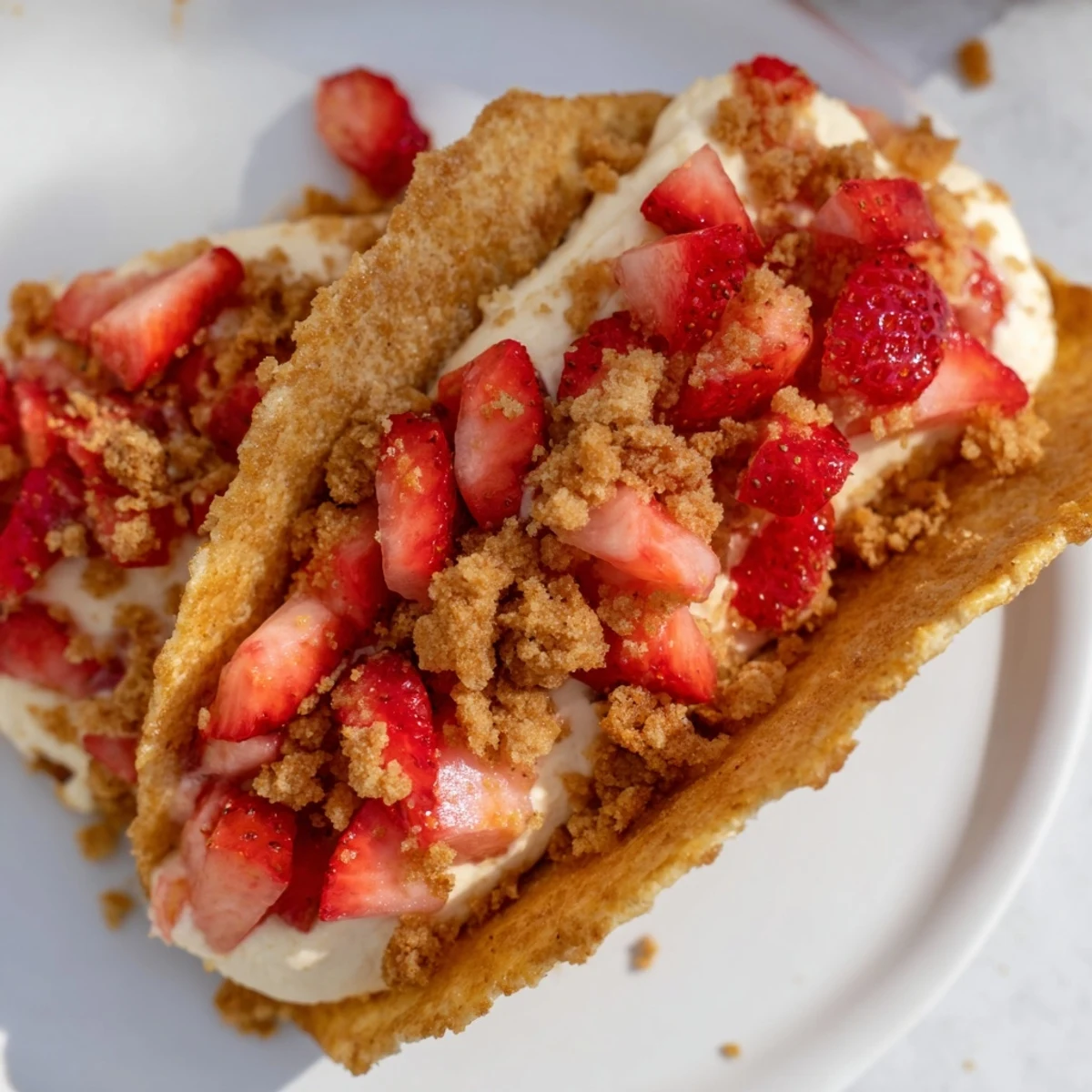 Close-up of strawberry crunch cheesecake taco showing the crisp shell, smooth cream cheese filling, juicy red strawberries, and golden crushed cookie topping