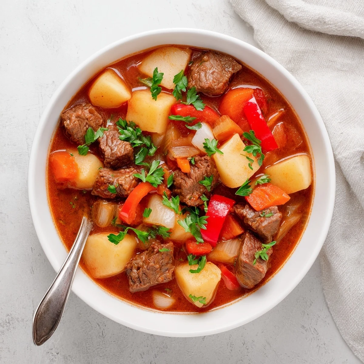 Hearty Hungarian goulash served in bowls with crusty bread garnished with fresh green parsley