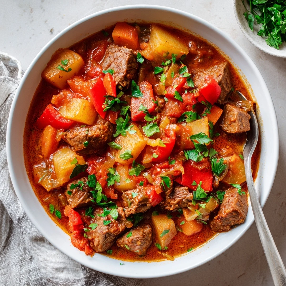 Comforting slow cooker goulash with fork-tender beef potatoes carrots and bell peppers in deep red broth