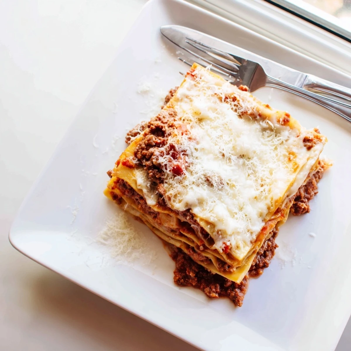 Golden bubbling classic lasagna with layered meat sauce, creamy béchamel, and melted mozzarella cheese