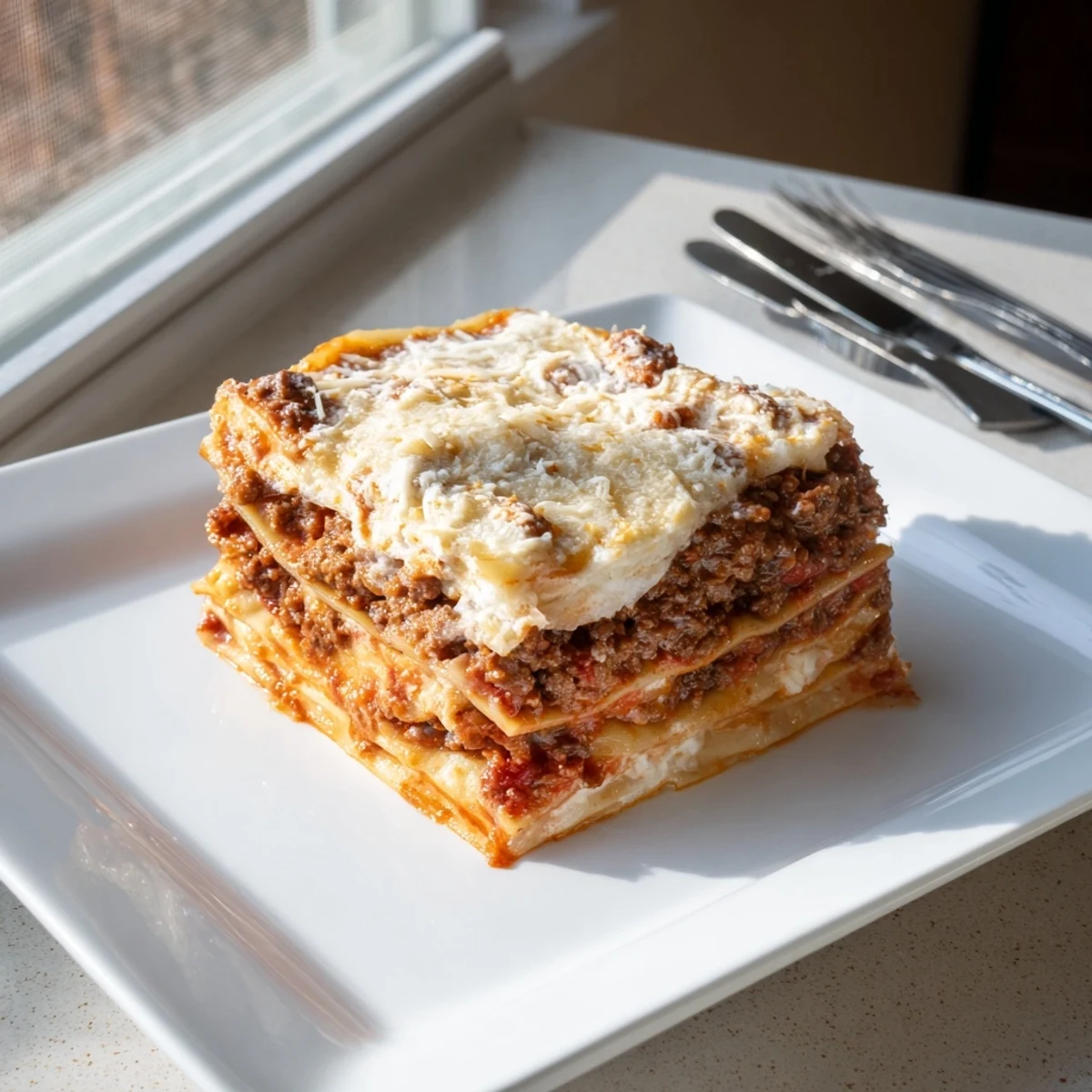 Baked classic lasagna dish with golden cheese topping and hearty ground beef sauce layers