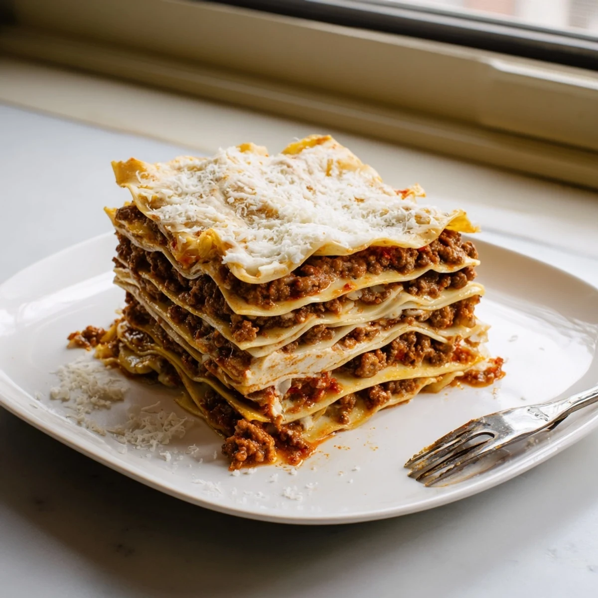 Square slice of classic lasagna showing distinct pasta layers with rich tomato and white sauce