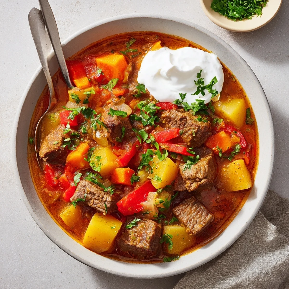 Slow cooker Hungarian goulash featuring tender beef chunks and colorful vegetables in a rich paprika-infused broth garnished with fresh parsley.