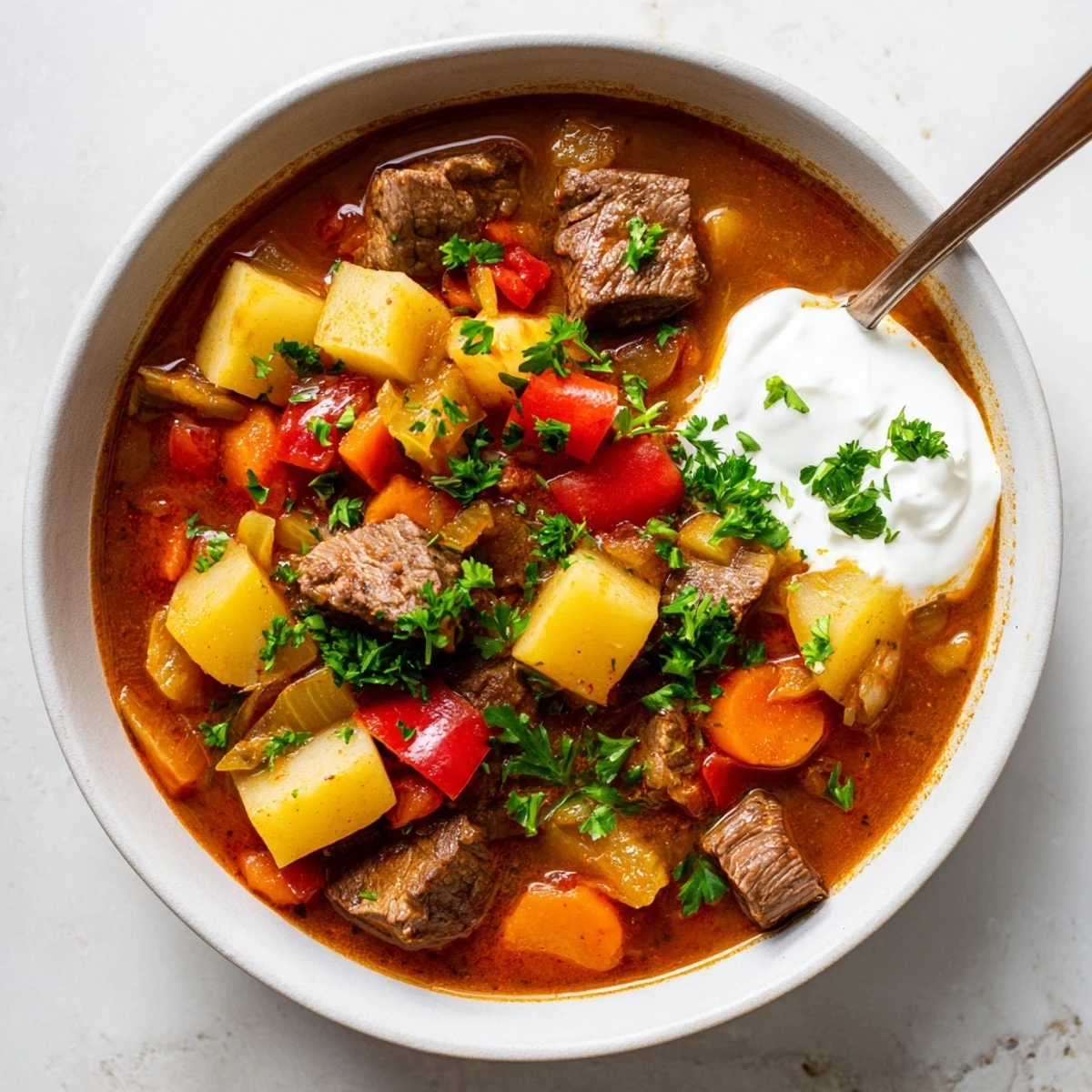 Hearty Hungarian goulash served in a deep bowl with melting beef, carrots, potatoes, and bell peppers swimming in aromatic red sauce.