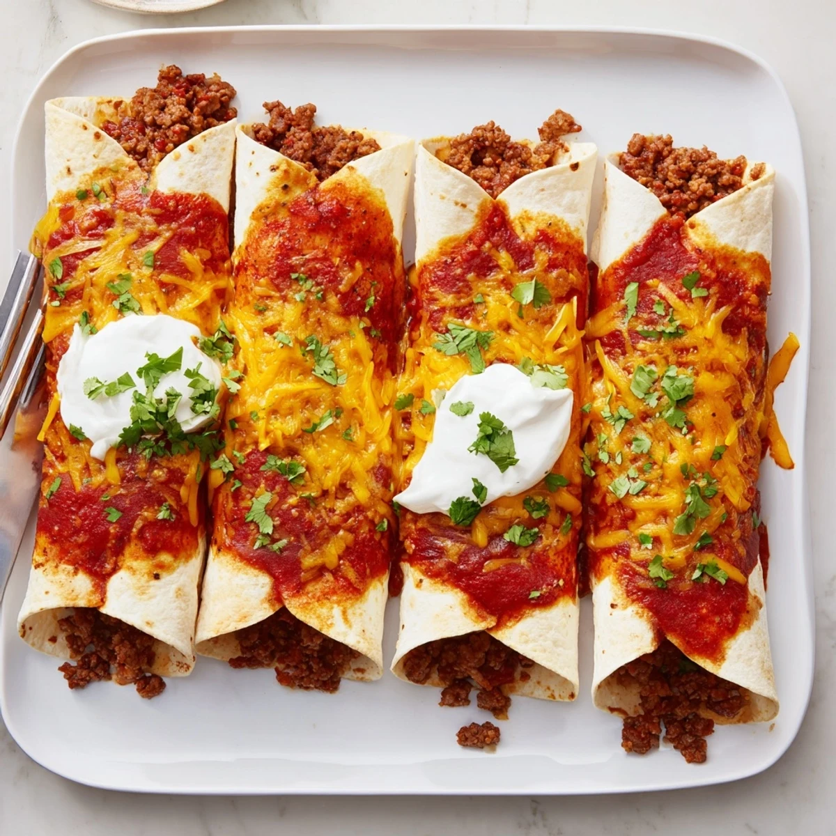 Baked savory beef enchiladas bubbling with melted cheddar and Monterey Jack cheese