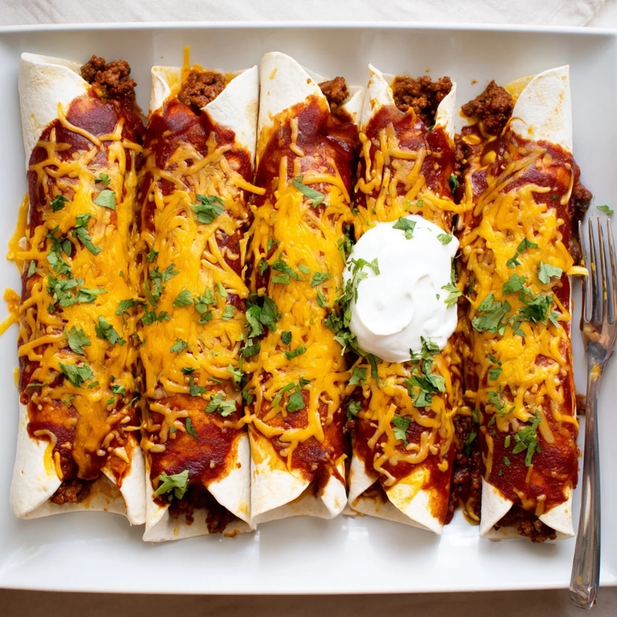 Golden savory beef enchiladas topped with rich red sauce and fresh cilantro garnish