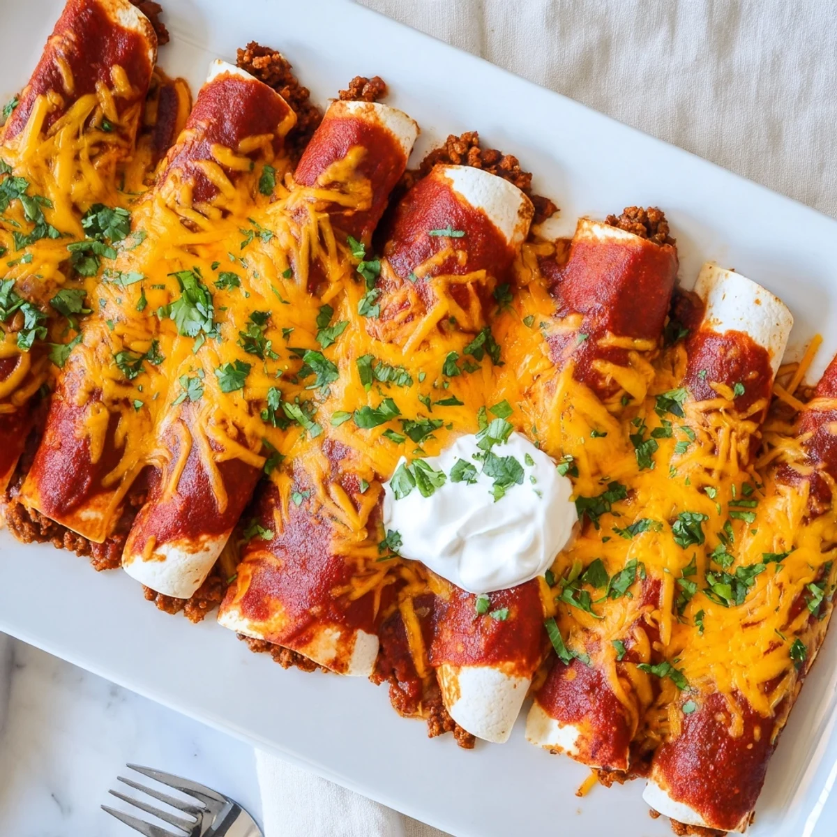 Casserole dish filled with savory beef enchiladas featuring spiced ground beef filling