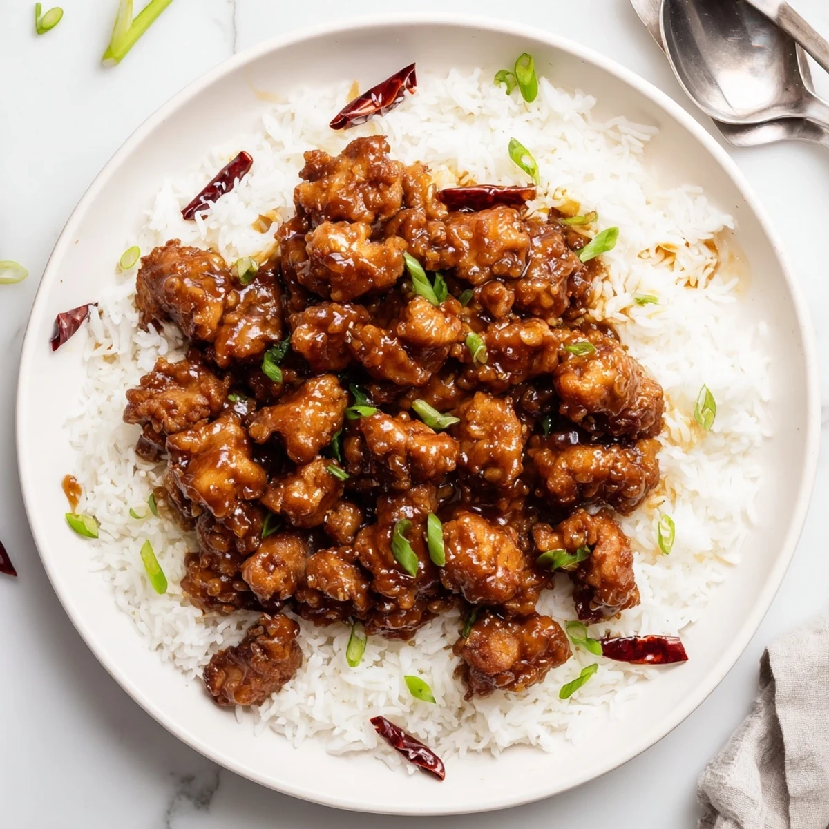 Tender stir-fried Mongolian chicken with scallions in sweet savory sauce served on fluffy rice plate