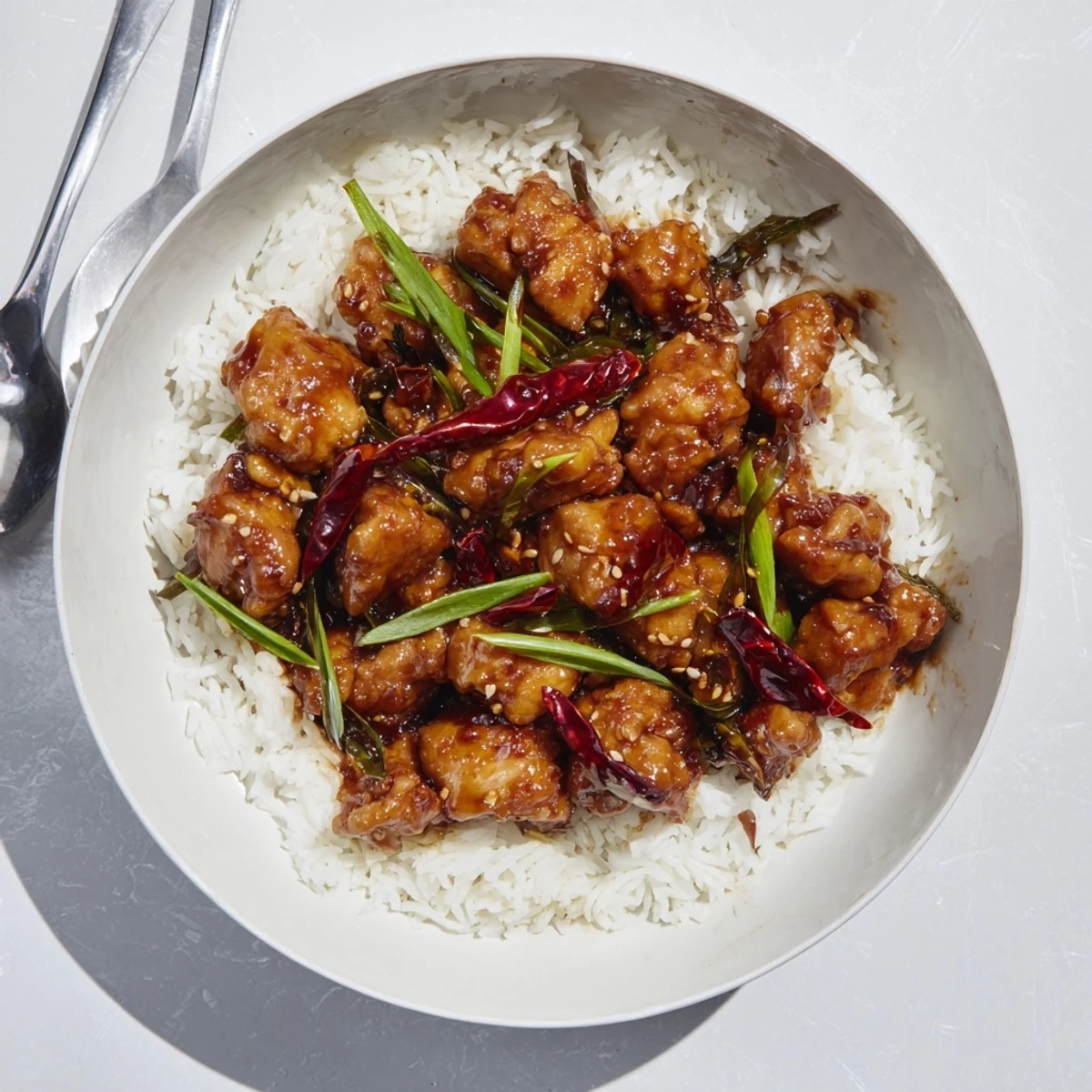 Golden brown Mongolian chicken pieces coated in glossy brown soy garlic sauce over white rice