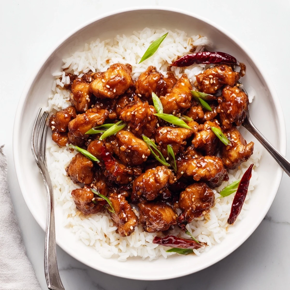 Homemade Mongolian chicken thigh pieces in thick caramelized ginger sauce atop steaming jasmine rice bowl