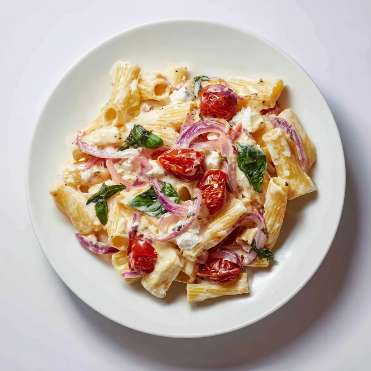 Creamy feta pasta tossed with tender noodles and roasted tomatoes in a rich Mediterranean white sauce