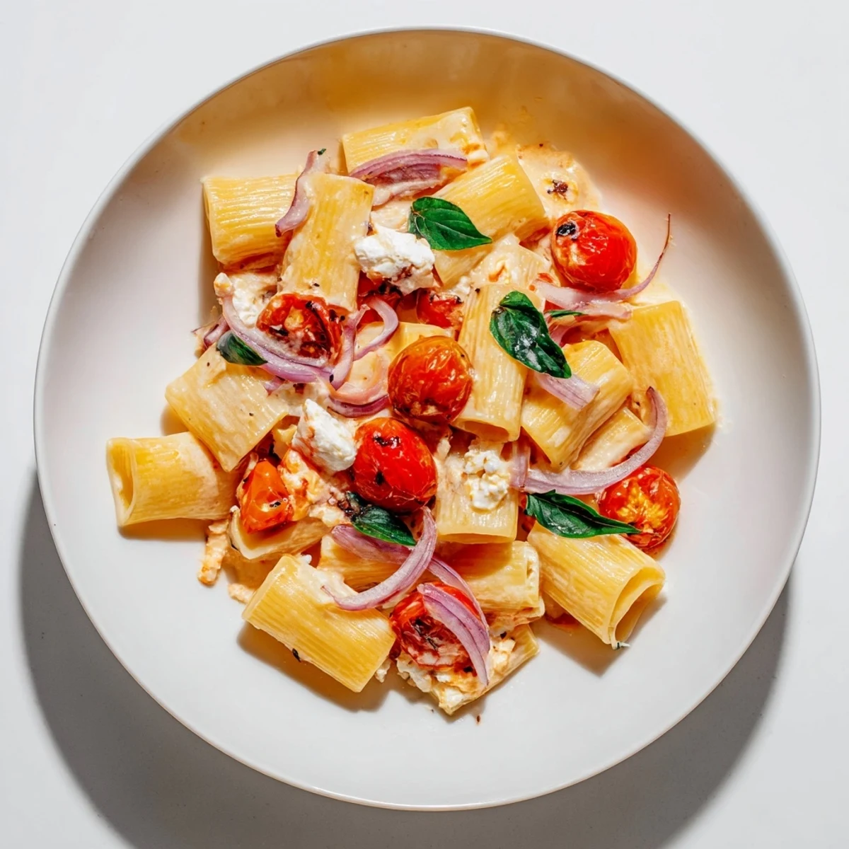 Steamy bowl of al dente pasta coated in tangy melted feta and sweet oven roasted cherry tomatoes