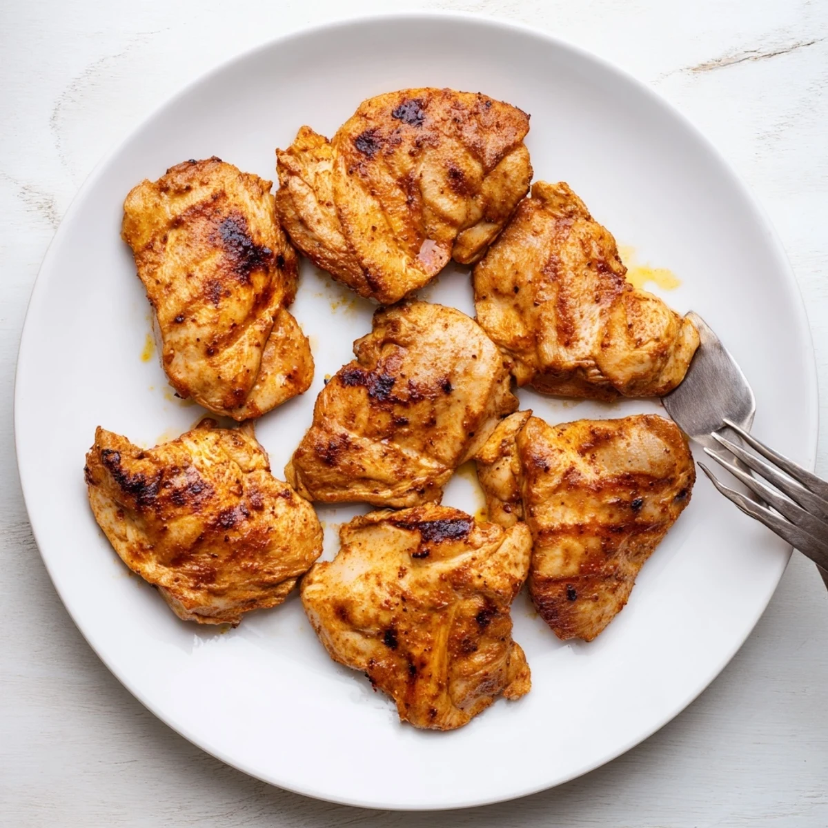 Golden brown ultimate boneless skinless chicken thighs garnished with fresh parsley and lemon wedges