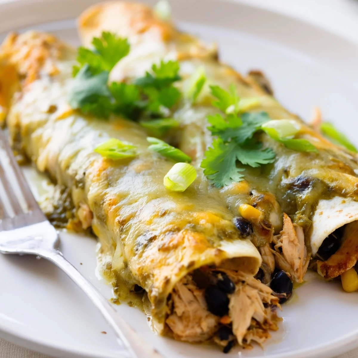 Oven-baked Mexican enchiladas featuring shredded chicken in corn tortillas with zesty salsa verde sauce topping