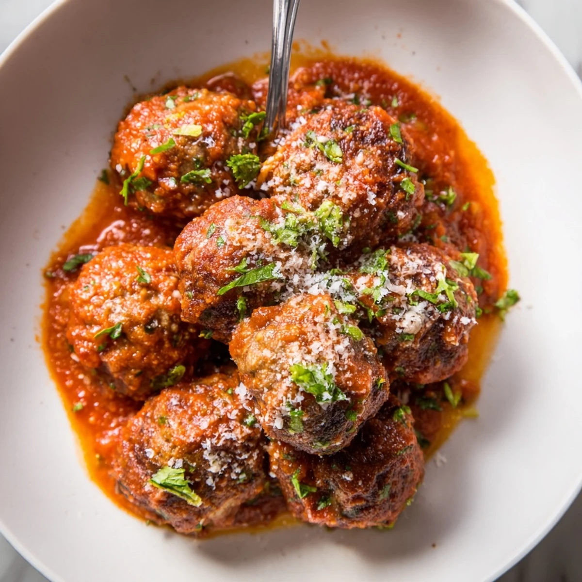 Golden brown Authentic Italian Meatballs simmering in rich red tomato sauce with fresh parsley