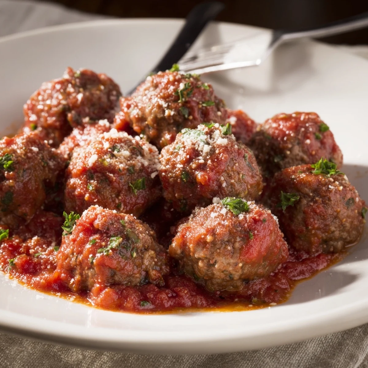 Tender Authentic Italian Meatballs coated in thick tomato sauce and sprinkled with grated Parmesan cheese
