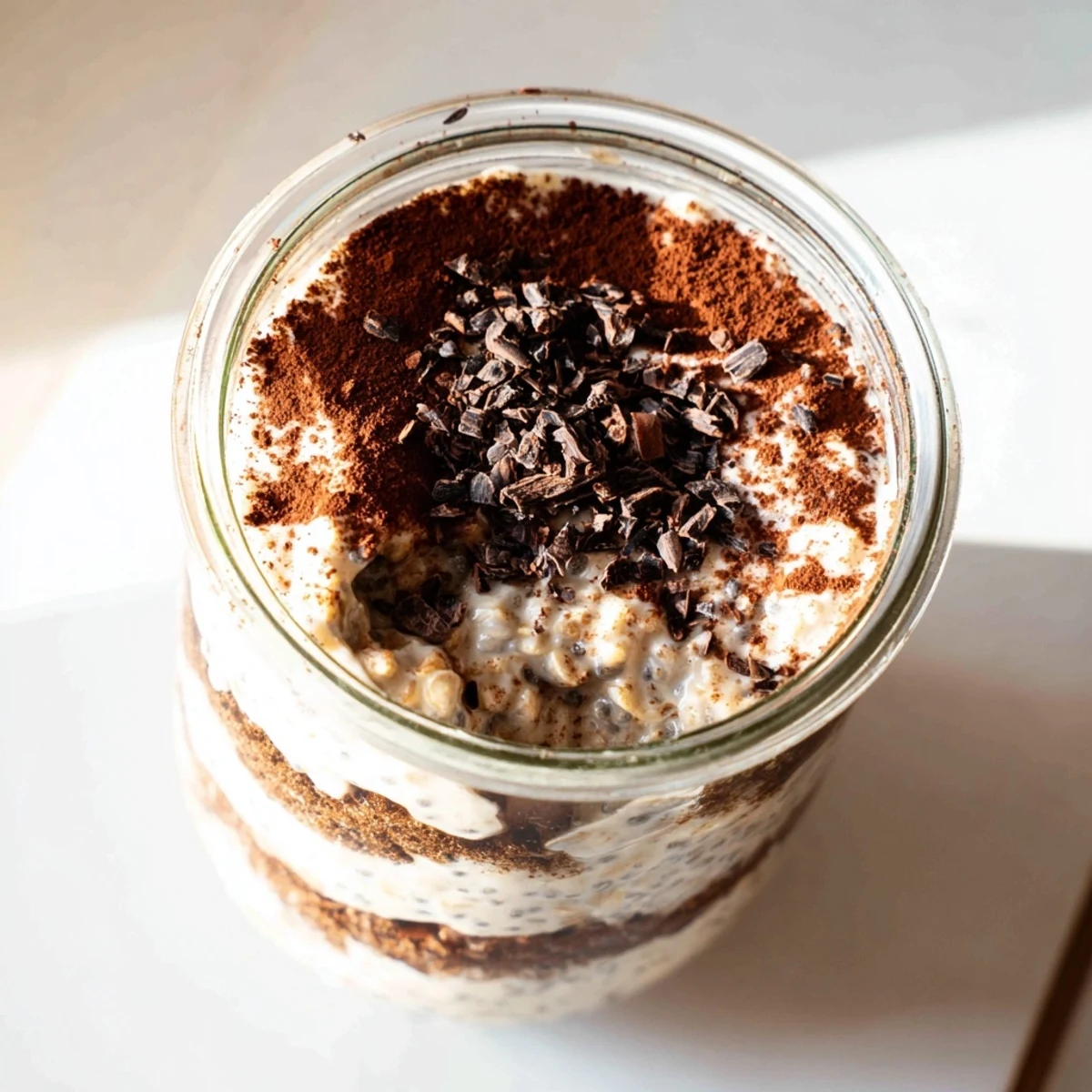Tiramisu overnight oats featuring mascarpone, espresso, and dusted cocoa powder ready for breakfast