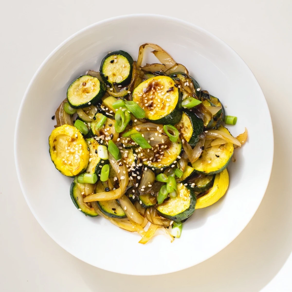 Sizzling Japanese zucchini onion stir fry plated with green onions and toasted sesame seeds