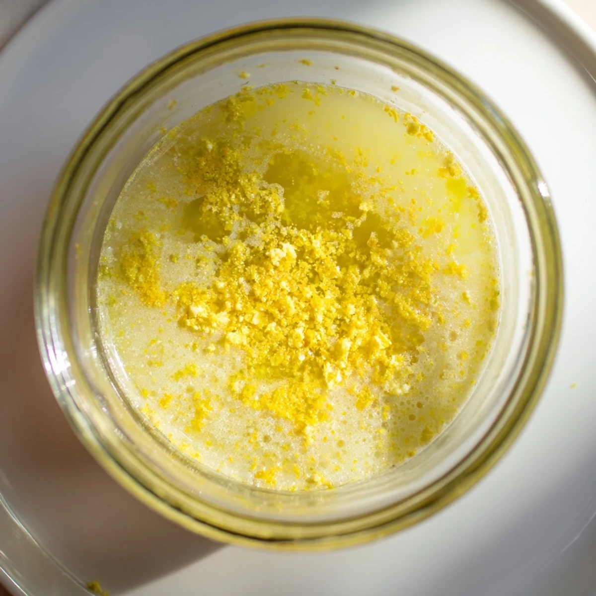 Glass jar of bright lemon vinaigrette dressing drizzled over fresh mixed green salad with lemon wedges