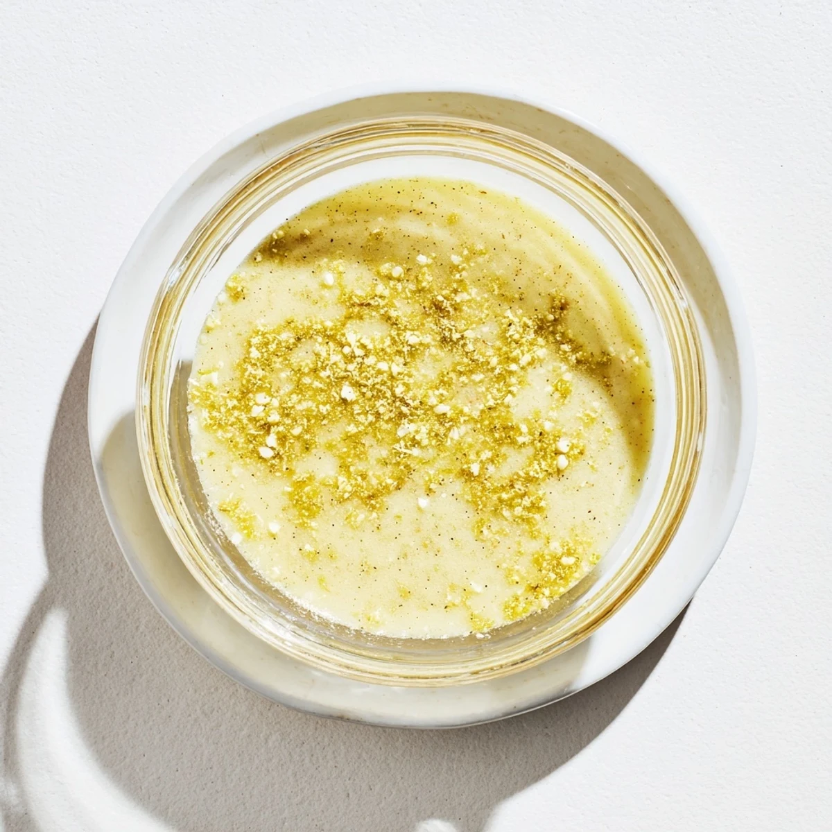 Golden emulsified bright lemon vinaigrette in measuring cup whisked with olive oil and dijon mustard