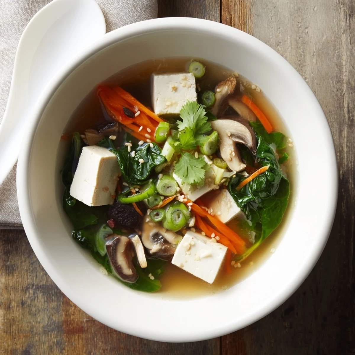 Comforting warm tofu soup garnished with sesame seeds and green onions in light vegetable broth