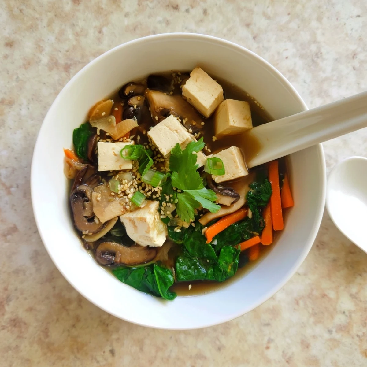 Steaming bowl of warm tofu soup featuring fresh vegetables and savory miso-ginger broth