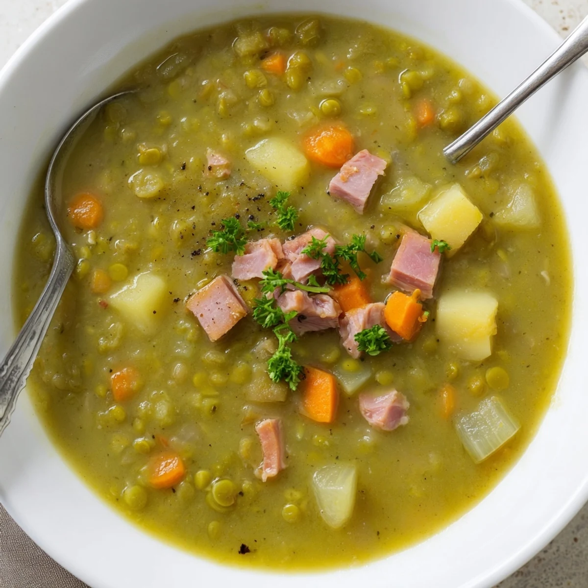 Steam rising from thick split pea soup with carrot celery chunks and parsley topping