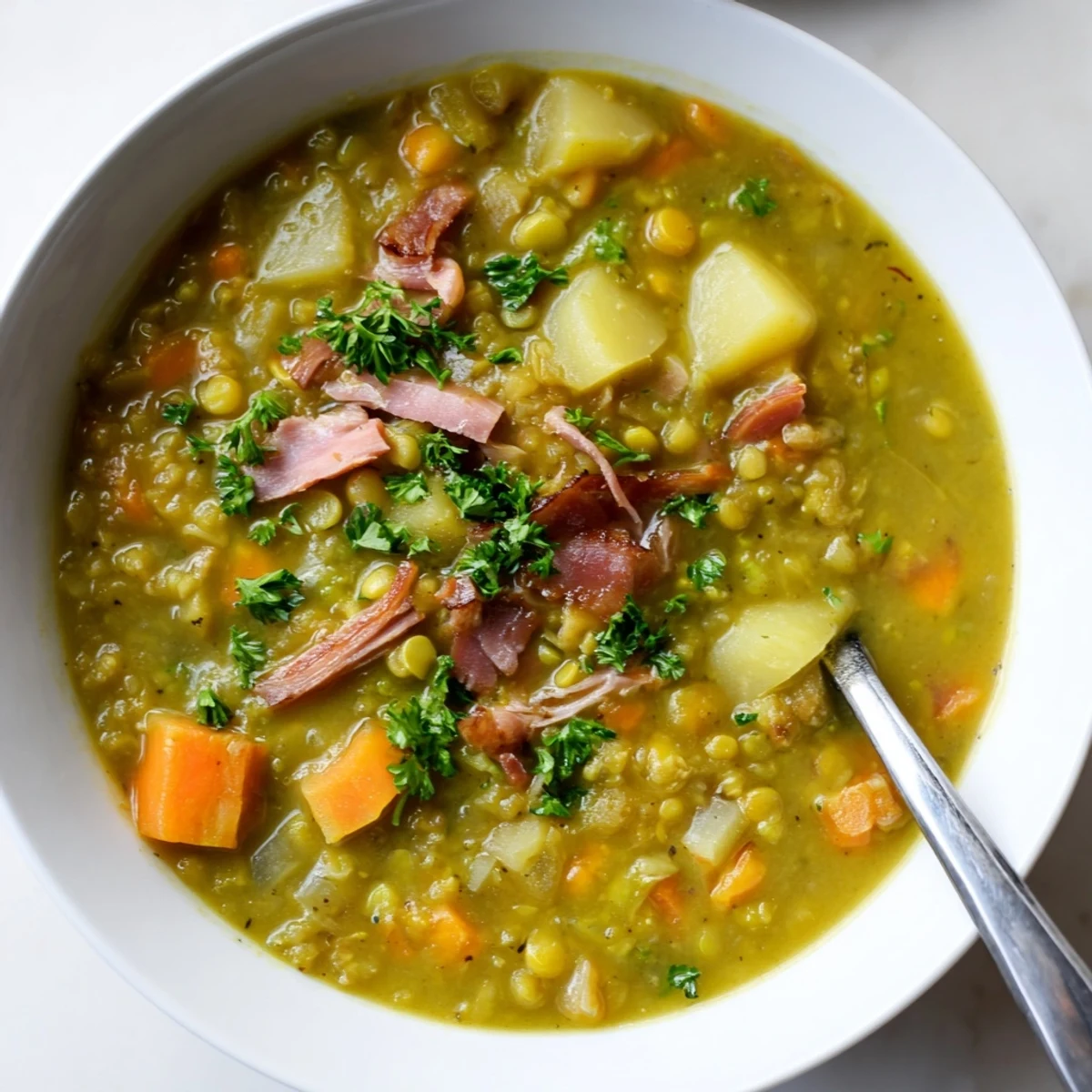 Creamy green split pea soup with diced vegetables and ham served in rustic white bowl