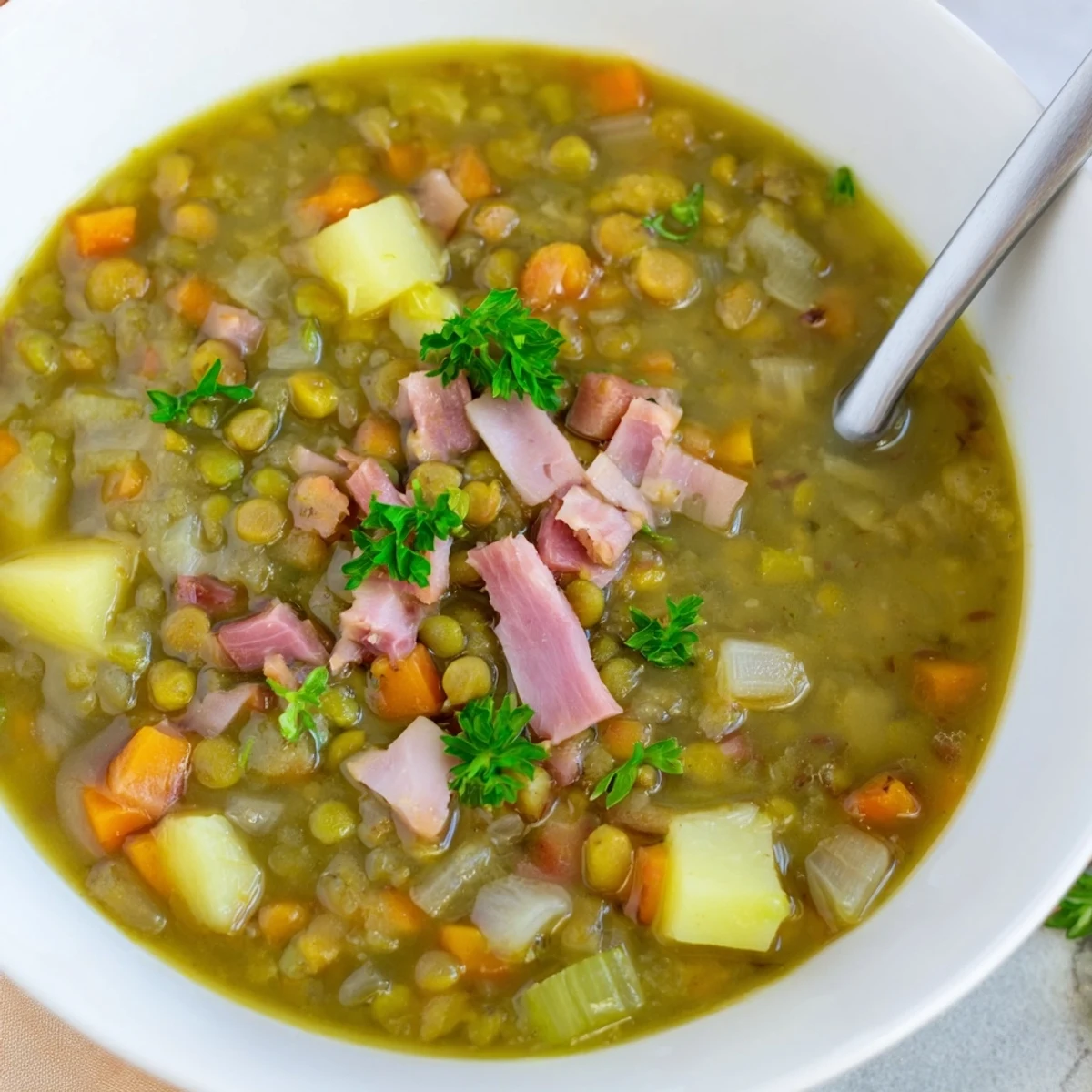 Golden bowl of hearty split pea soup garnished with fresh parsley and crusty bread