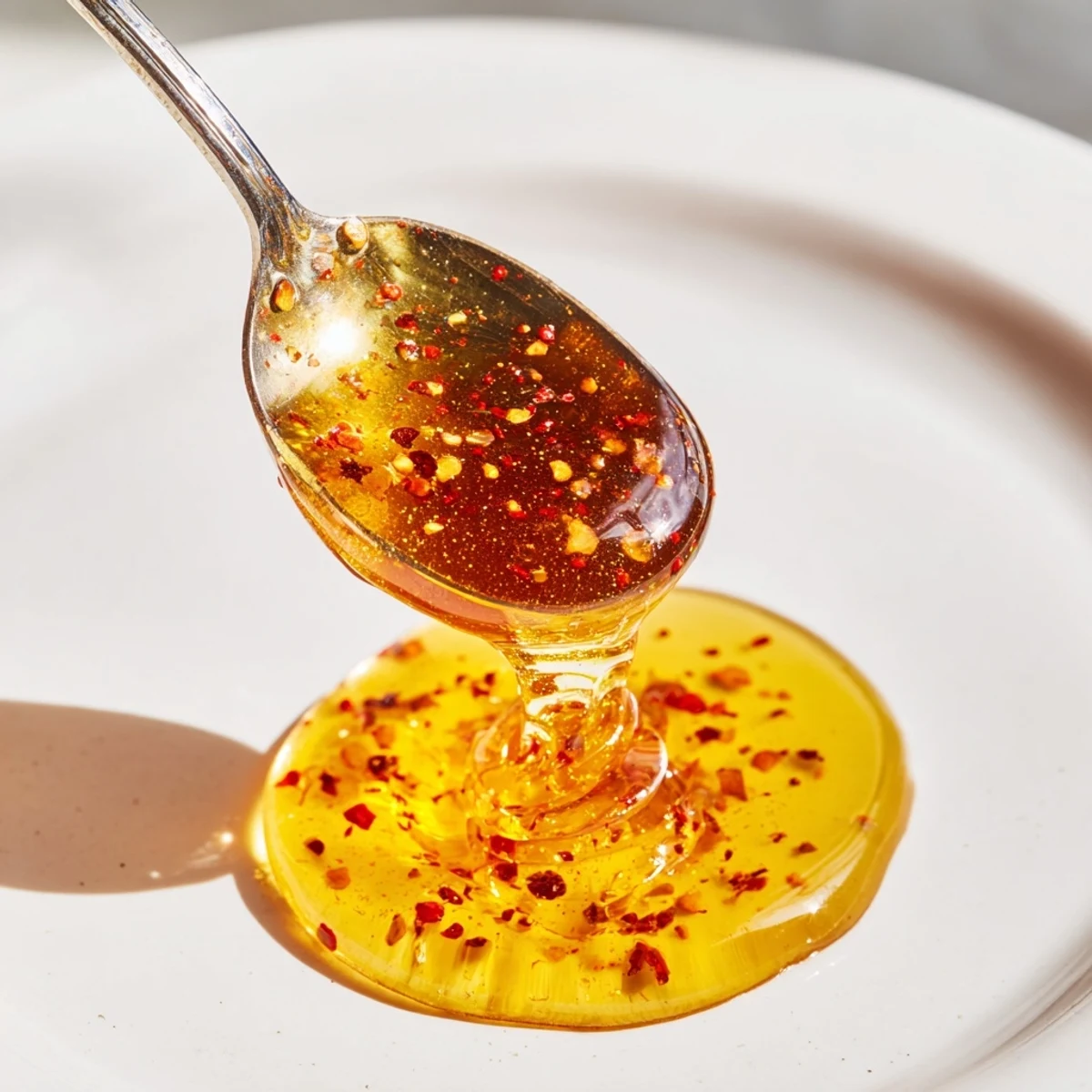 Golden sweet homemade hot honey infused with red chili flakes in a glass jar