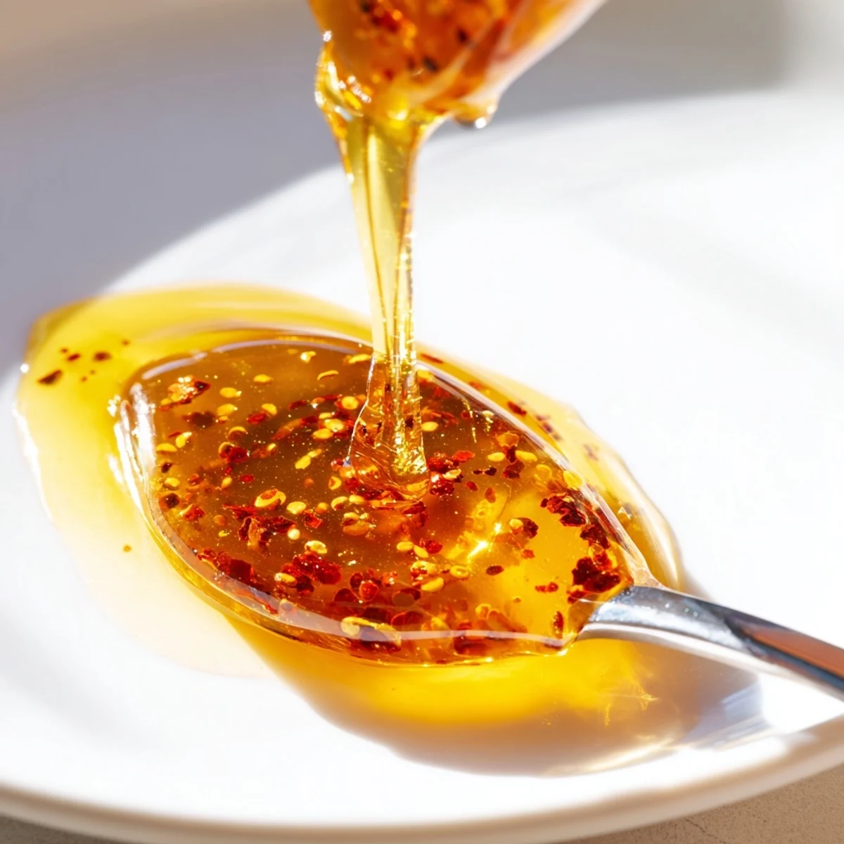 Warm amber homemade hot honey with floating chili peppers ready for pizza drizzling