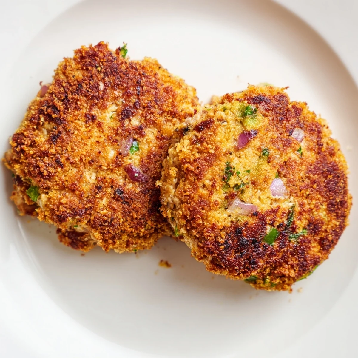 Golden brown crispy tuna cakes served on a white plate with fresh lemon wedges