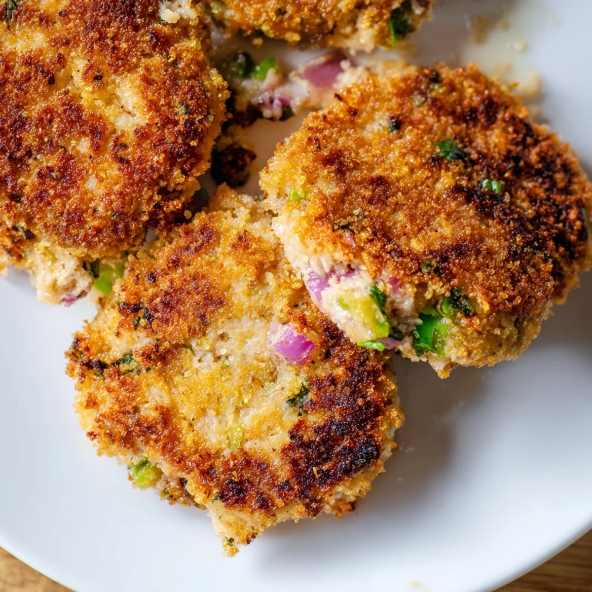 Homemade crispy tuna cakes arranged on serving platter alongside light green salad and dipping sauce