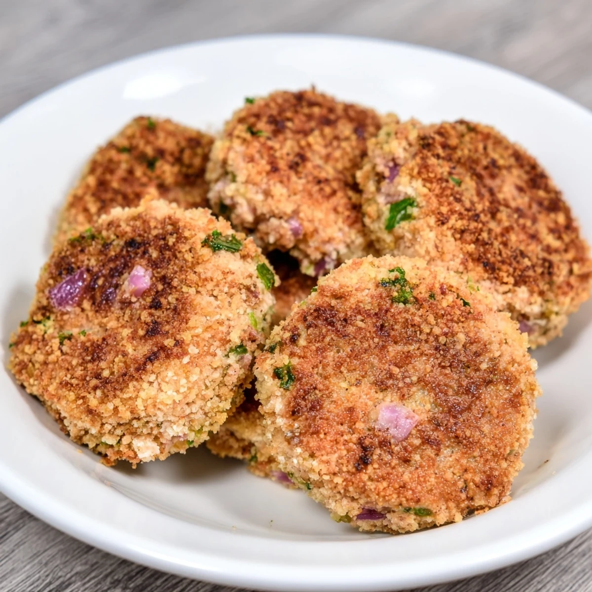 Pan-fried tuna cakes with crunchy exterior and tender flaky inside garnished with chopped parsley